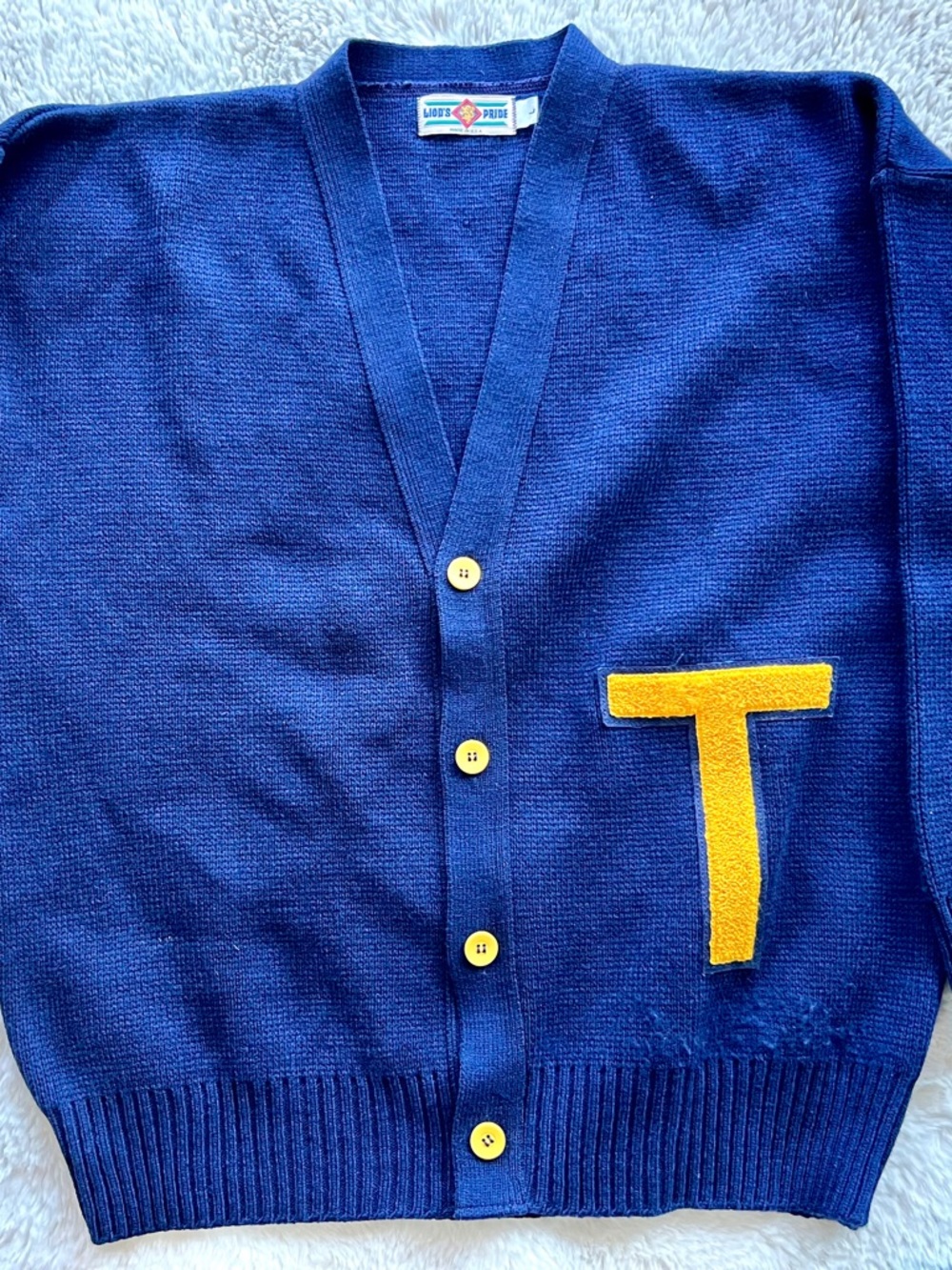 Vintage Navy Cardigan Sweater with Yellow Patch T - Made in USA
